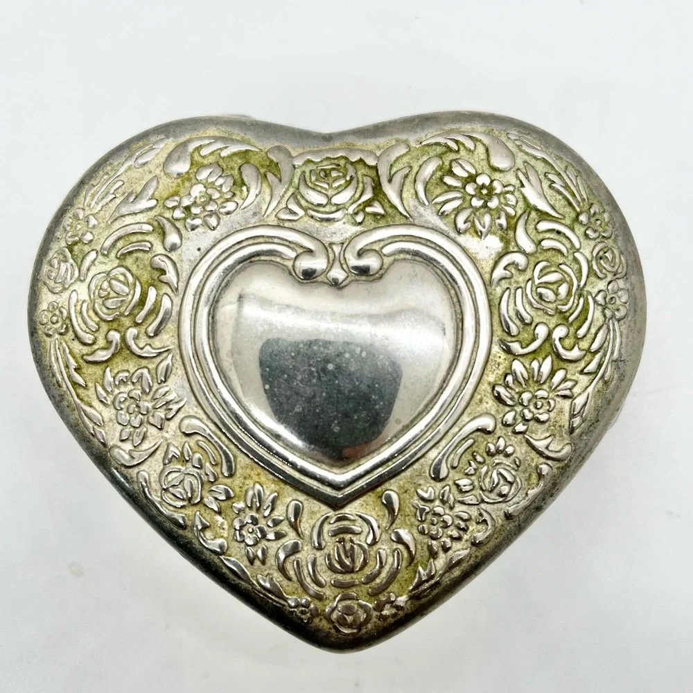 Vintage Heart-Shaped Silver and Glass Jewelry Trinket Box Ring Box cottage core